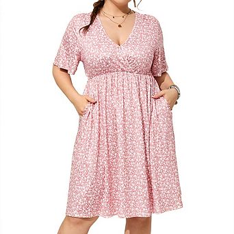 Plus Size Women's v-Neck Printed Dress with Pockets Waist Cinched Elegant
