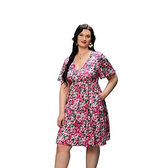 Plus Size Women's v-Neck Printed Dress with Pockets Waist Cinched Elegant