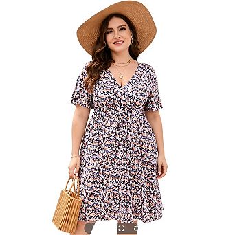 Plus Size Women's v-Neck Printed Dress with Pockets Waist Cinched Elegant