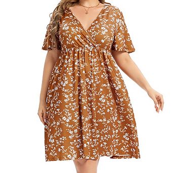 Plus Size Women's v-Neck Printed Dress with Pockets Waist Cinched Elegant