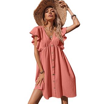 Women's V-Neck Ruffle Sleeve Babydoll Dress, Button Front Casual Mini Dress