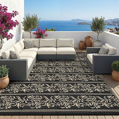 Waterproof for Patio, Reversible Outdoor Plastic Straw Rug, Wallpaper Flower Mat Carpet