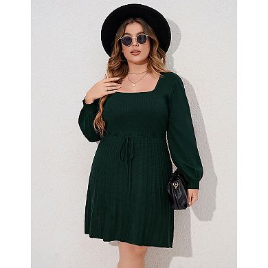 Plus Size Square Neck Balloon Sleeve Knit Dress, Drawstring Waist Casual Dress
