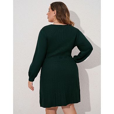 Plus Size Square Neck Balloon Sleeve Knit Dress, Drawstring Waist Casual Dress