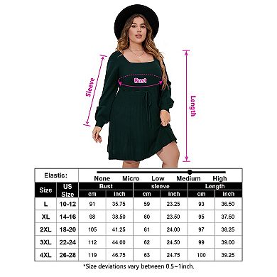 Plus Size Square Neck Balloon Sleeve Knit Dress, Drawstring Waist Casual Dress