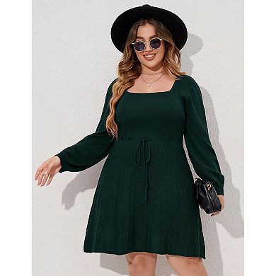 Plus Size Square Neck Balloon Sleeve Knit Dress, Drawstring Waist Casual Dress