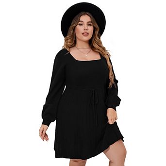 Plus Size Square Neck Balloon Sleeve Knit Dress, Drawstring Waist Casual Dress