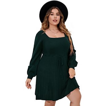 Plus Size Square Neck Balloon Sleeve Knit Dress, Drawstring Waist Casual Dress