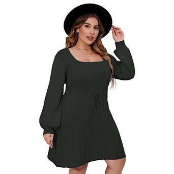 Plus Size Square Neck Balloon Sleeve Knit Dress, Drawstring Waist Casual Dress