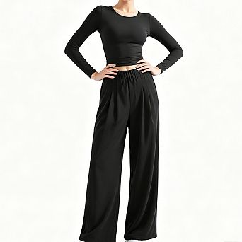Women's Elastic Waist Wide Leg Pants, High Waist Pleated Casual Trousers