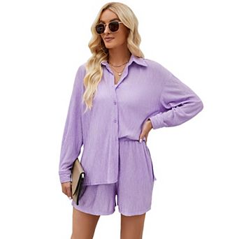 Women 2 pc Pants Set Long Sleeve Button Down Shirt Wide Leg Short Summer Casual Loungewear