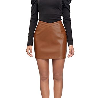 Women's Casual Faux Leather Mini Skirt High Waisted V-Front Hem Form-Fitting Short Skirt