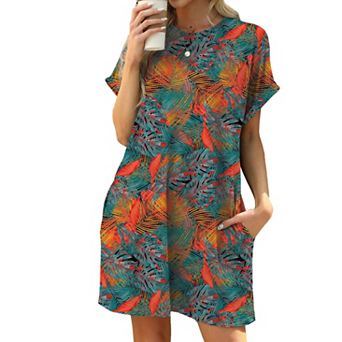 Womens Summer Dresses Casual Crewneck Short Sleeve Floral Print Sundresses Beach A-line Shift Dress