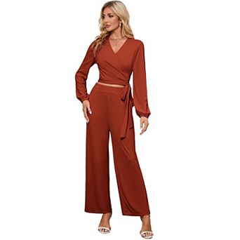 2 pc Outfits for Women Long Sleeve V Neck Cross Wrap Tie Knot Crop Tops Wide Leg Lounge Set