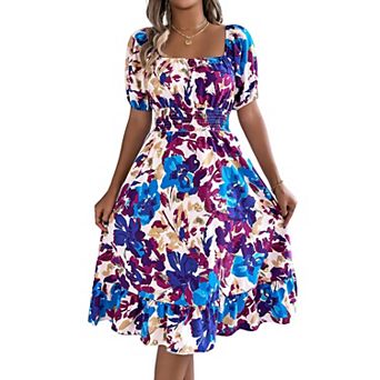 Women's Floral Print Square Neck Dress, Puff Sleeve Smocked Waist Ruffle Hem Midi Dress