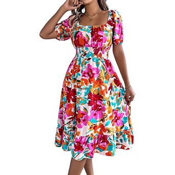 Women's Floral Print Square Neck Dress, Puff Sleeve Smocked Waist Ruffle Hem Midi Dress