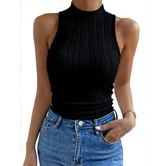 Women's Ribbed Knit Mock Neck Slim Fitted Tank Top Trendy Sleeveless Base Shirt Summer Casual Blouse