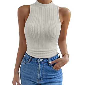 Women's Ribbed Knit Mock Neck Slim Fitted Tank Top Trendy Sleeveless Base Shirt Summer Casual Blouse