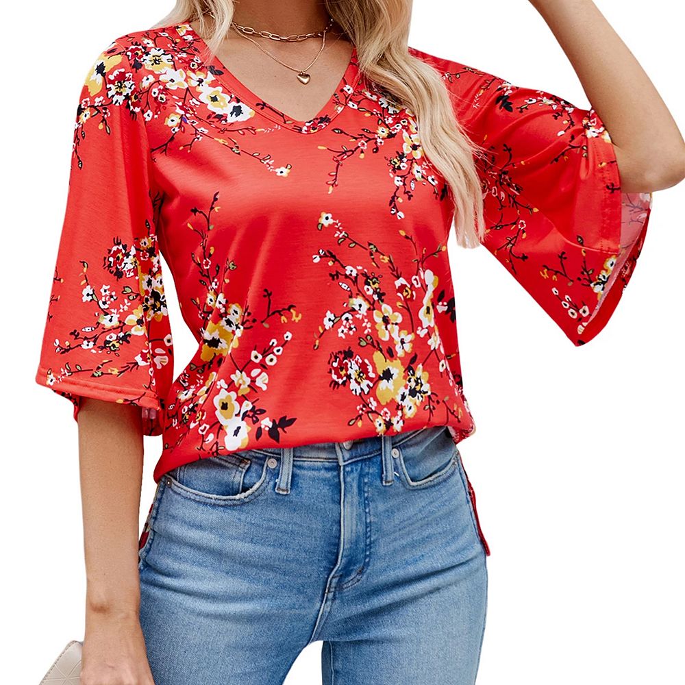 Women's 3/4 Sleeve Tunic Tops Casual V Neck Shirts Floral Printed Loose ...