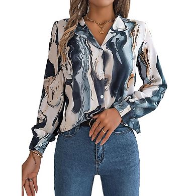 Womens Shirts Button Down Printed Lantern Long Sleeve Blouse Fashion Casual Tops