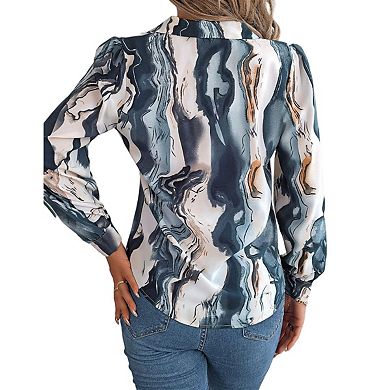 Womens Shirts Button Down Printed Lantern Long Sleeve Blouse Fashion Casual Tops