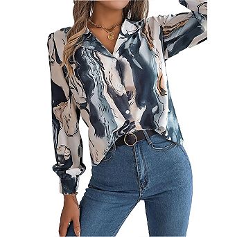 Womens Shirts Button Down Printed Lantern Long Sleeve Blouse Fashion Casual Tops