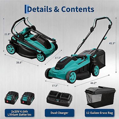 40V Cordless Lawn Mower, 17-Inch Battery Powered Push Lawn Mower with 6-Position Height Adjustment