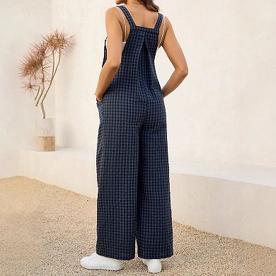 Maternity Sleeveless Plaid Wide Leg Overall Women Loose Jumpsuit