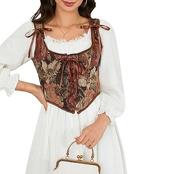 Renaissance Floral Corset Tops for Women Going-Out Push-Up Overbust Bustier Lace-Up Boned Bodyshaper