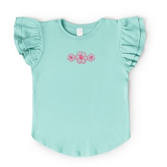 Hibiscus Row Pink - Girl's Flutter Sleeve Graphic T-Shirt