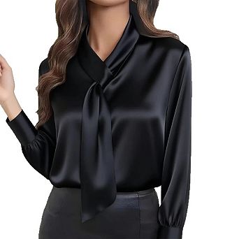 Women's Satin Long Sleeve Blouse Tie V-Neck Silky Elegant Office Casual Wear Comfortable Work Shirt