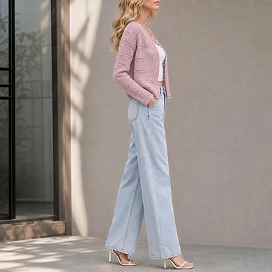 Womens 3/4 sleeve Cardigan Shrugs Crewneck Basic Casual Button Down Knit Hollow Out Crochet Sweater