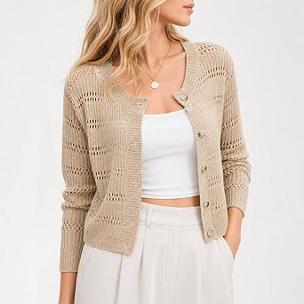 Womens 3/4 sleeve Cardigan Shrugs Crewneck Basic Casual Button Down Knit Hollow Out Crochet Sweater