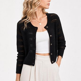 Womens 3/4 sleeve Cardigan Shrugs Crewneck Basic Casual Button Down Knit Hollow Out Crochet Sweater