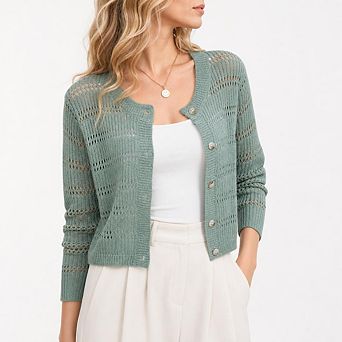 Womens 3/4 sleeve Cardigan Shrugs Crewneck Basic Casual Button Down Knit Hollow Out Crochet Sweater