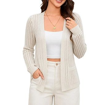 Women's Hollow Out Cardigan Sweater Crochet Knit Shrugs Long Sleeves with Ruffled Hem