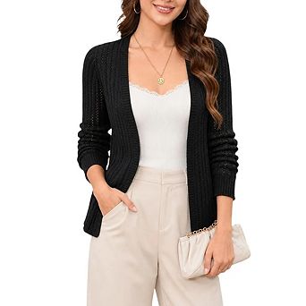 Women's Hollow Out Cardigan Sweater Crochet Knit Shrugs Long Sleeves with Ruffled Hem