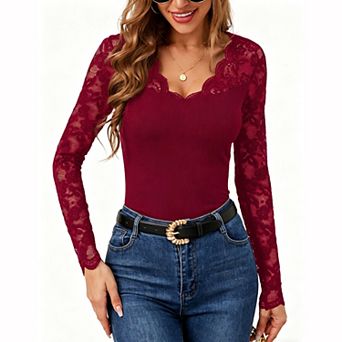 Women's Lace Trim V-Neck Long Sleeve Top