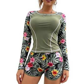Women’s 2 pc Rash Guard Swimsuit, Long Sleeve Top and Shorts Bathing Suit for Beach Surf
