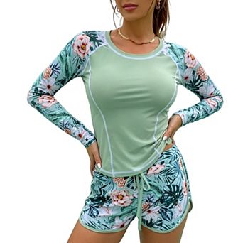 Women’s 2 pc Rash Guard Swimsuit, Long Sleeve Top and Shorts Bathing Suit for Beach Surf