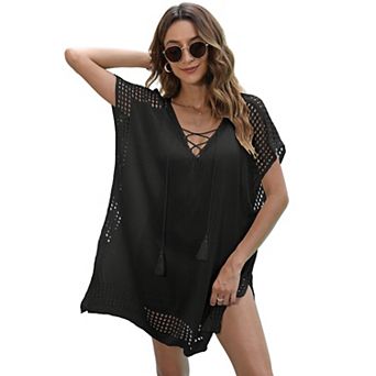 Women's Crochet Knit Cover-Up Dress, V-Neck Lace-Up Sheer Tunic for Beach & Poolside Wear