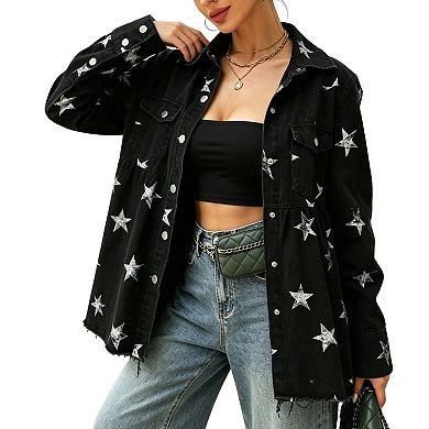 Women's Star Print Peplum Denim Shirt, Western-Inspired Button-Down Jacket