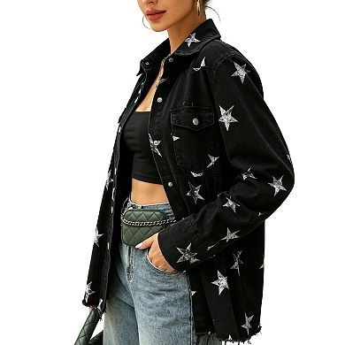 Women's Star Print Peplum Denim Shirt, Western-Inspired Button-Down Jacket
