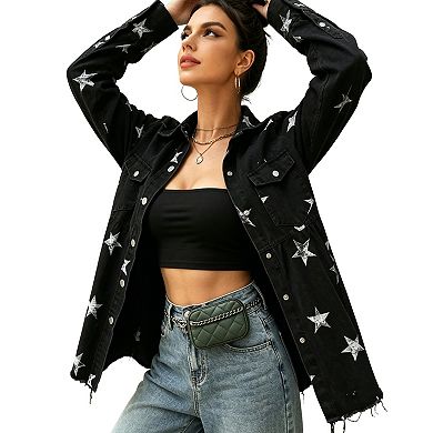 Women's Star Print Peplum Denim Shirt, Western-Inspired Button-Down Jacket