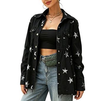 Women's Star Print Peplum Denim Shirt, Western-Inspired Button-Down Jacket