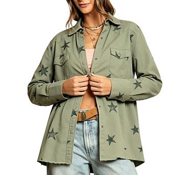 Women's Star Print Peplum Denim Shirt, Western-Inspired Button-Down Jacket