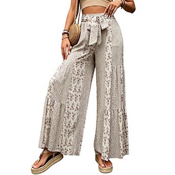Women's High Waist Wide Leg Pants, Tie Waist Flowy Palazzo Trousers for Summer & Vacation