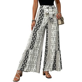 Women's High Waist Wide Leg Pants, Tie Waist Flowy Palazzo Trousers for Summer & Vacation