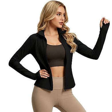 Women's Fitted Athletic Jacket, Zip-Up Long Sleeve Workout Top with Thumb Holes