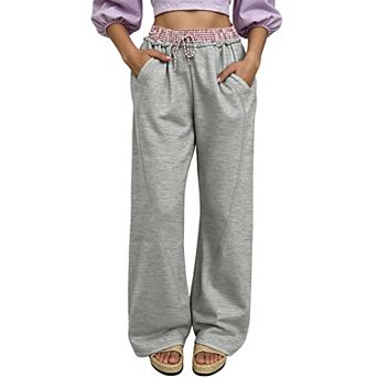 Women's Gingham Waistband Wide Leg Sweatpants, Casual High Waist Loungewear with Side Pockets